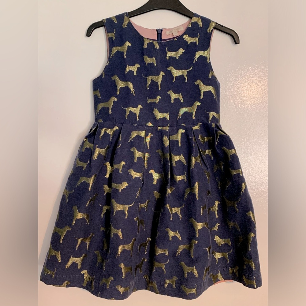 Mini Boden fancy occasion party or holiday dress, 9-10, gold sparkly dog pattern